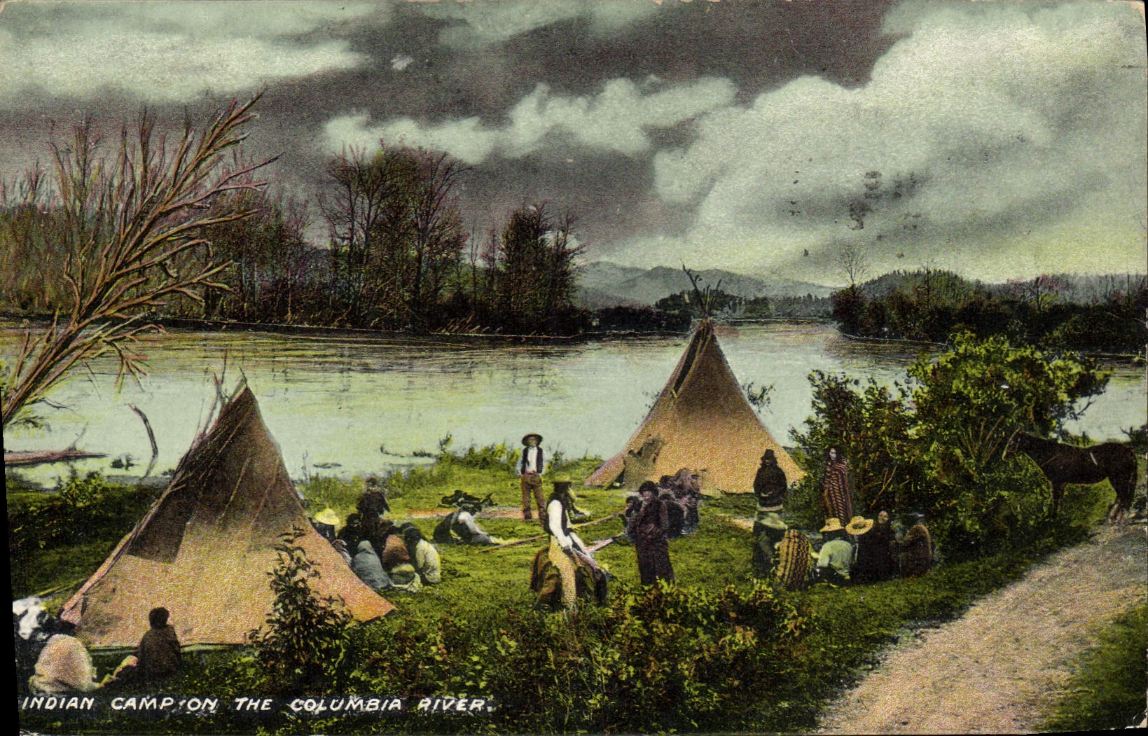 CPA Far West Cow Boy Indiens Indian Camp on the Columbia river