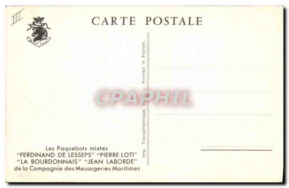 CPA Bateau Paquebots mixtes Ferdinand de lesseps Pierre Loti La bourdonnais Jean Laborde — Verso