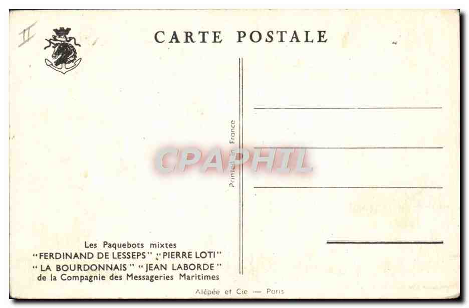 Les Paquebots mixtes "Ferdinand de Lesseps" et "Jean Laborde" — Compagnie des Messageries Maritimes — Paris — Verso