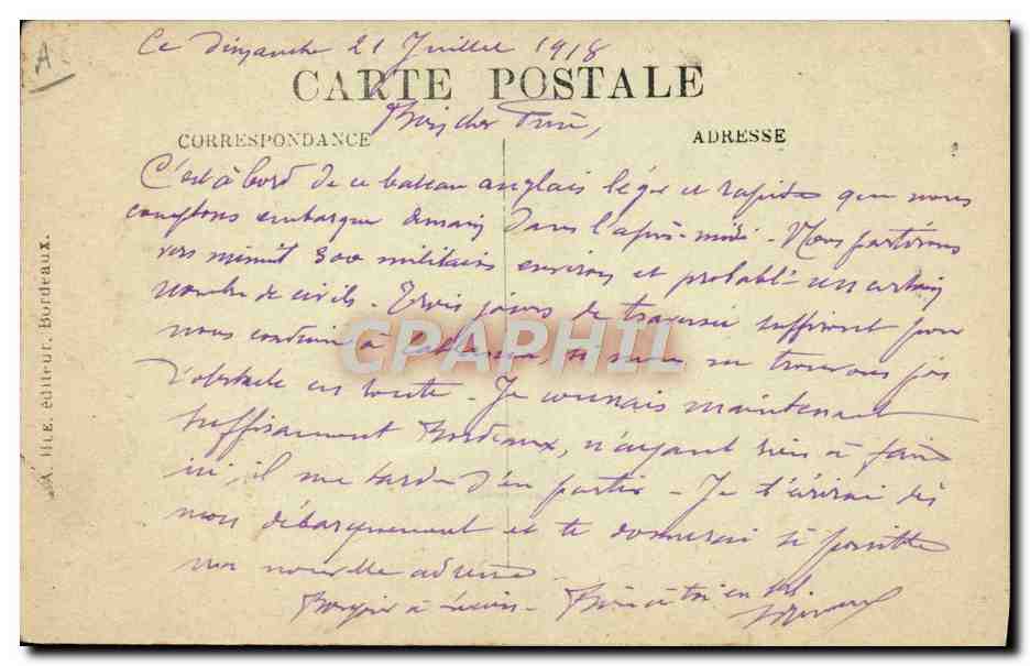 Bordeaux — Compagnie Générale Transatlantique : Figuig — C.B. — Verso