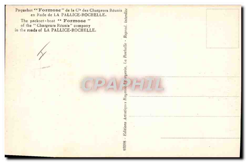 Paquebot "Formose" — Compagnie des Chargeurs Réunis — La Pallice-Rochelle — Reverso