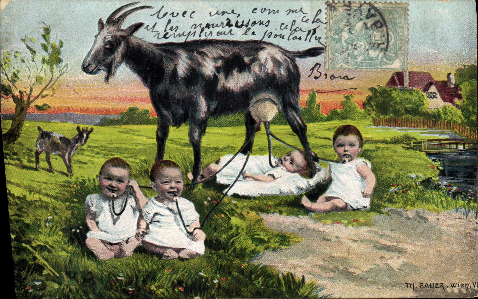 Enfants avec une chèvre — TH. BAUER, Wien, Vienne — n° de série non visible
