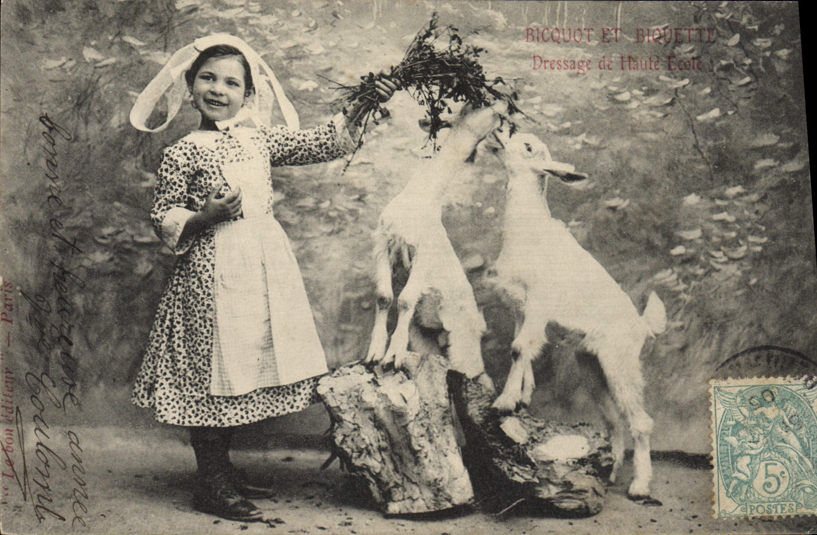 Fille et deux chèvres — Bicquot et Biquette, Dressage de Haute École — éditeur Le Bon Éditeur, Paris