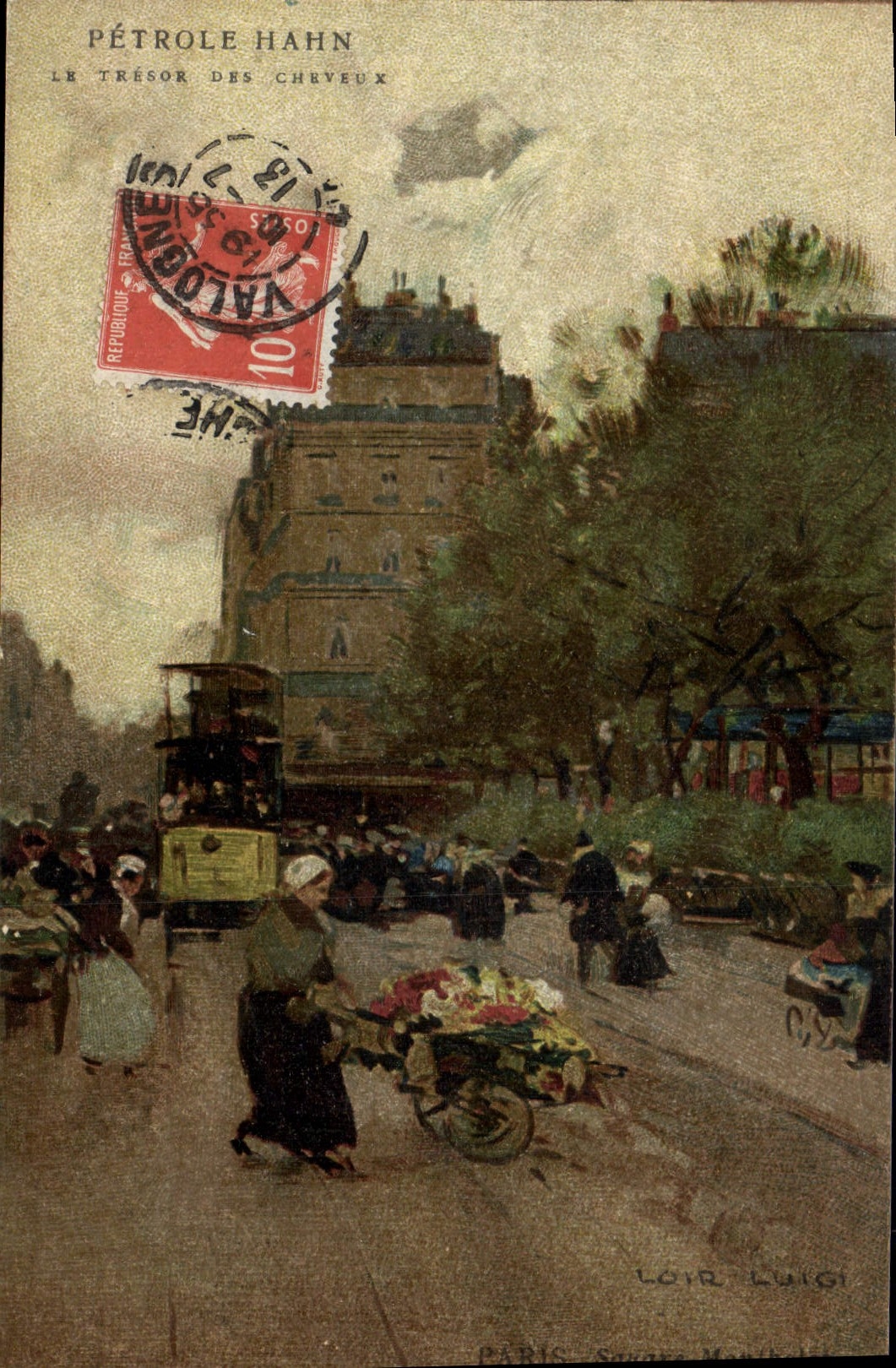 CPA Fantaisie Illustrateur Paris Square Montholon Publicite Petrole Hahn Le tresor des cheveux Coiffeur