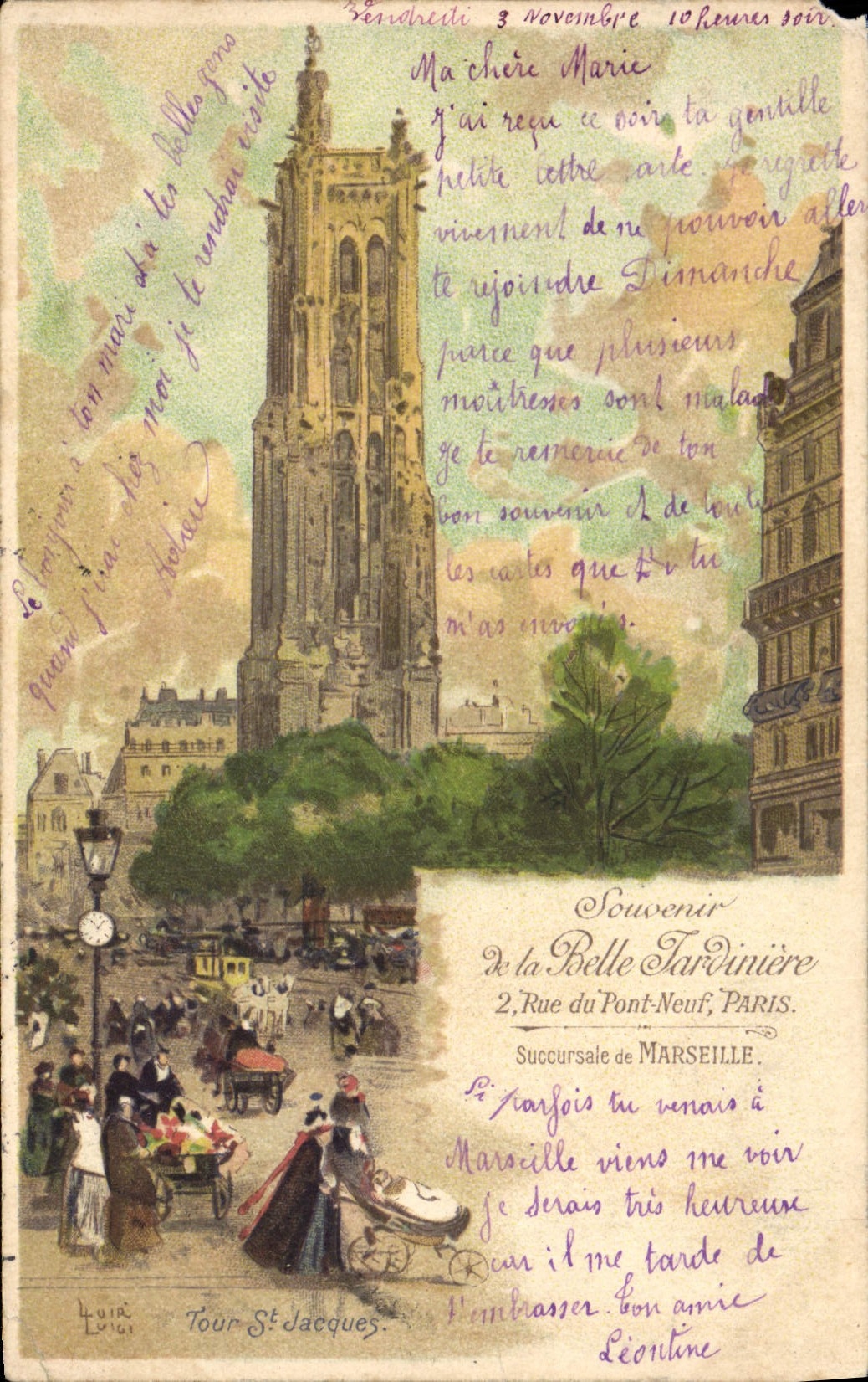 CPA Fantaisie Illustrateur Paris Tour St Jacques Belle Jardiniere Rue du Pont Neuf Marseille