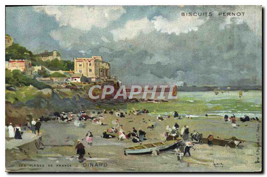 CPA Fantaisie Illustrateur Les plages de France Dinard Publicite Biscuits Pernot