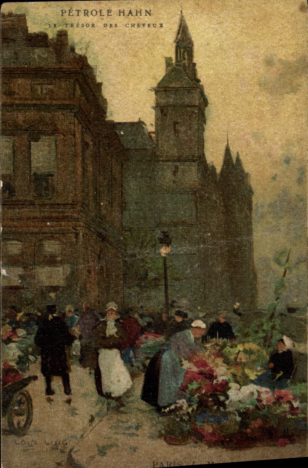 CPA Fantaisie Illustrateur Paris Le Marche aux fleurs Publicite Petrole Hahn Le tresor des cheveux Coiffeur