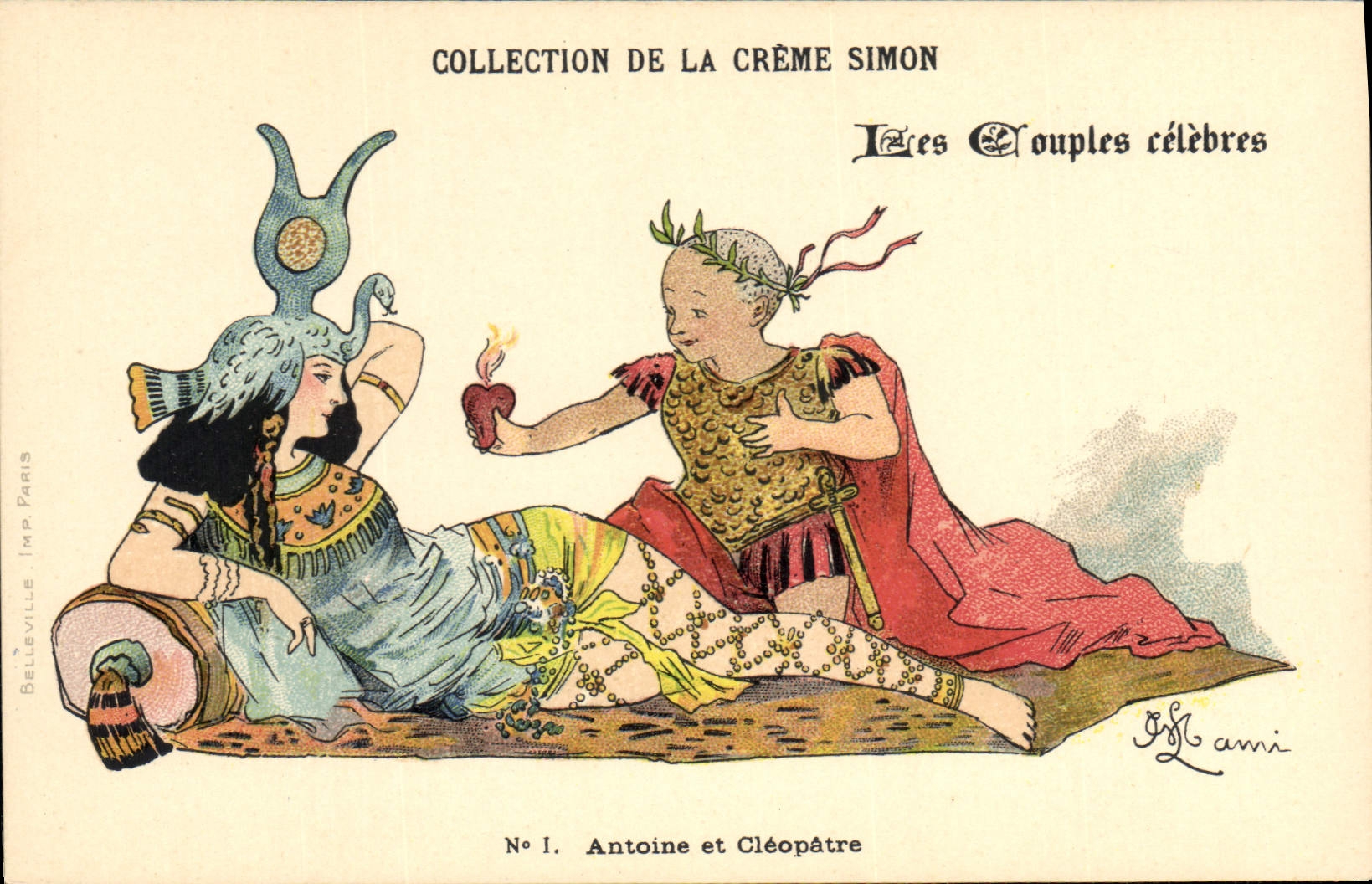 Antoine et Cléopâtre — Collection de La Crème Simon, Les Couples célèbres, No 1 — Belleville Imp. Paris