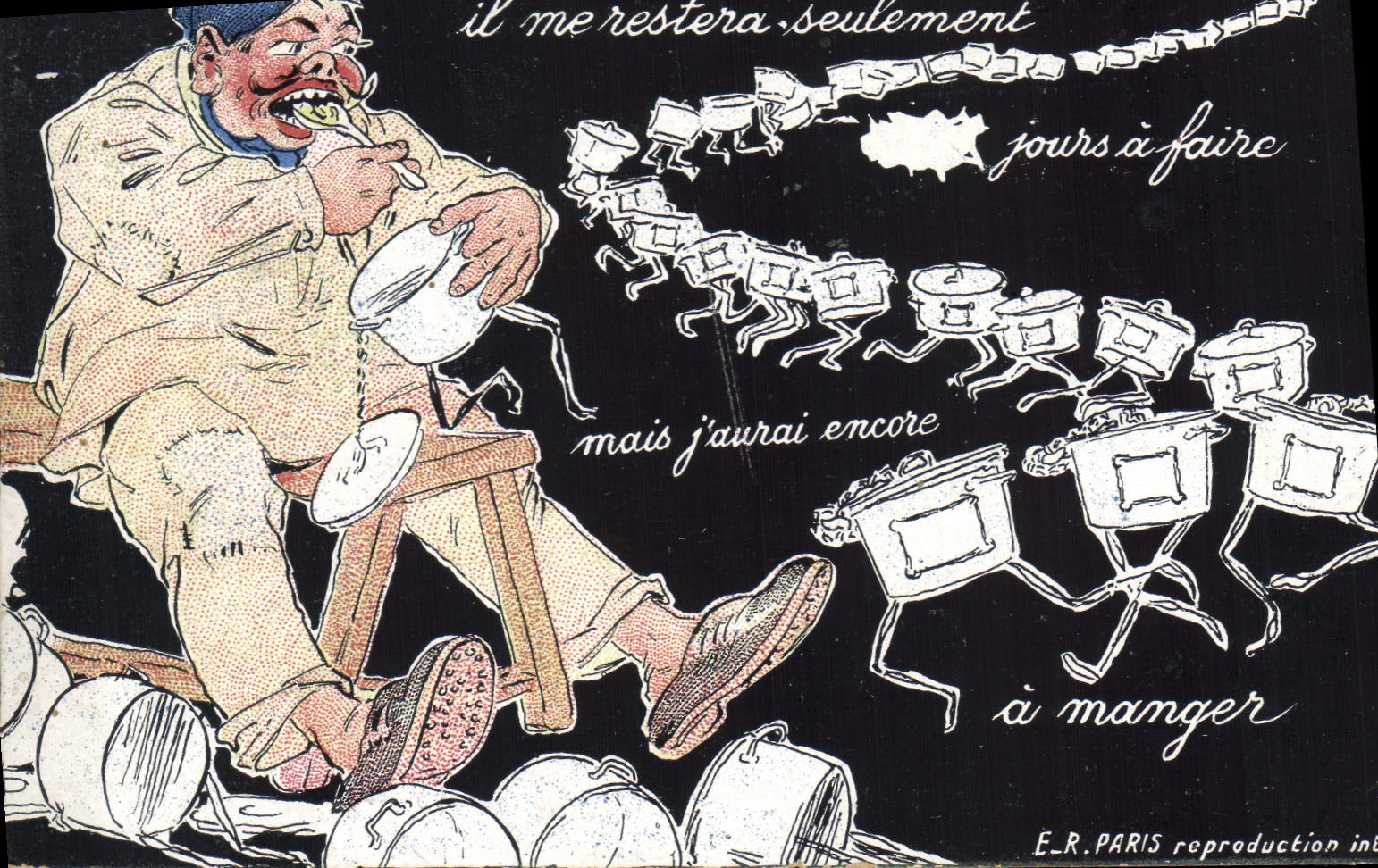 Caricature d'un homme mangeant — E.R. PARIS reproduction inédite
