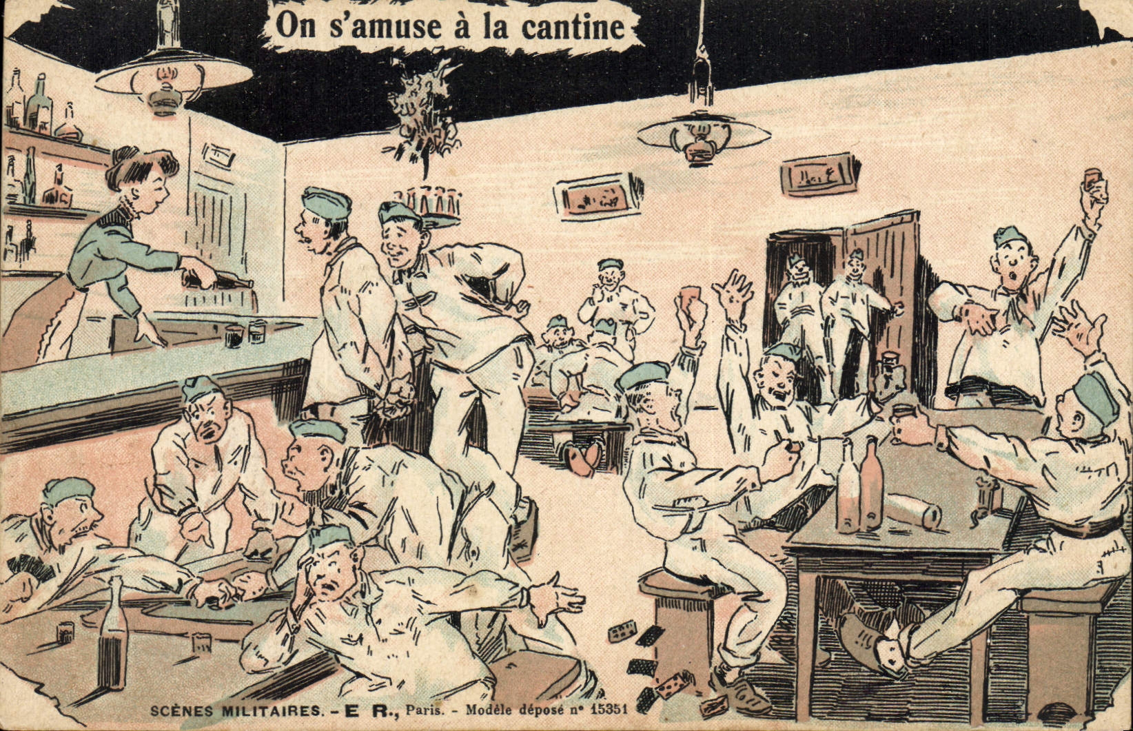 Scènes militaires — On s'amuse à la cantine — E. R., Paris, Modèle déposé n° 15351