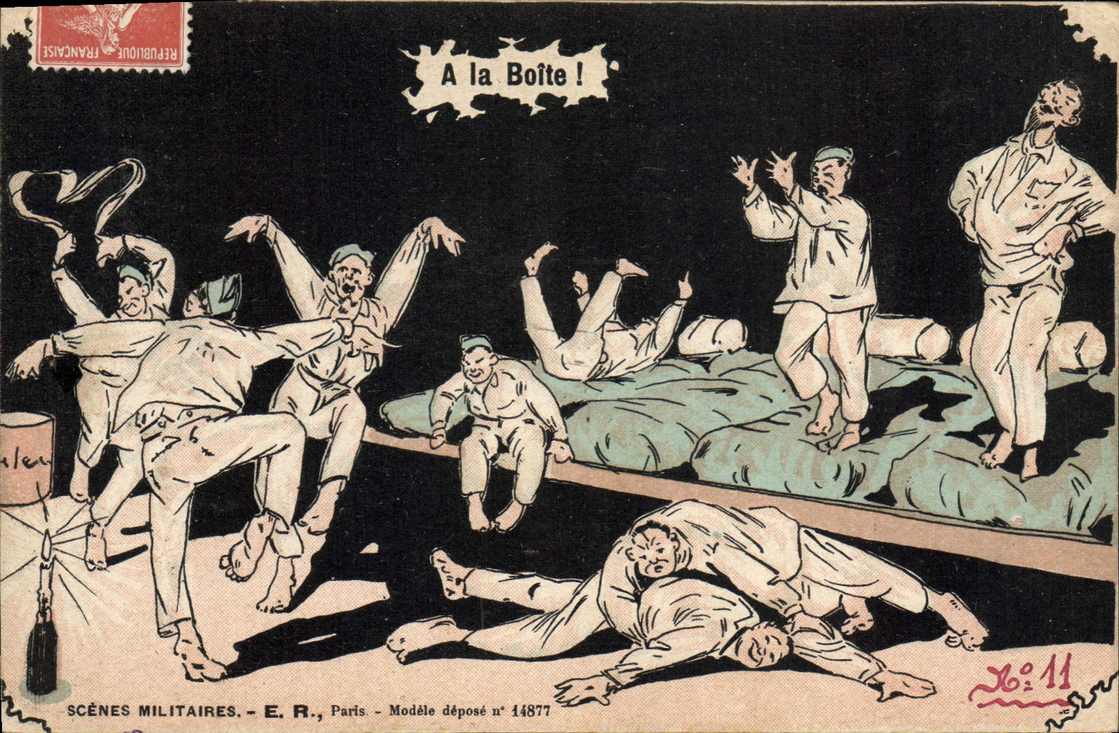 Scènes Militaires — Soldats en pleine danse dans une caserne — E. R., Paris, Modèle déposé n° 14877