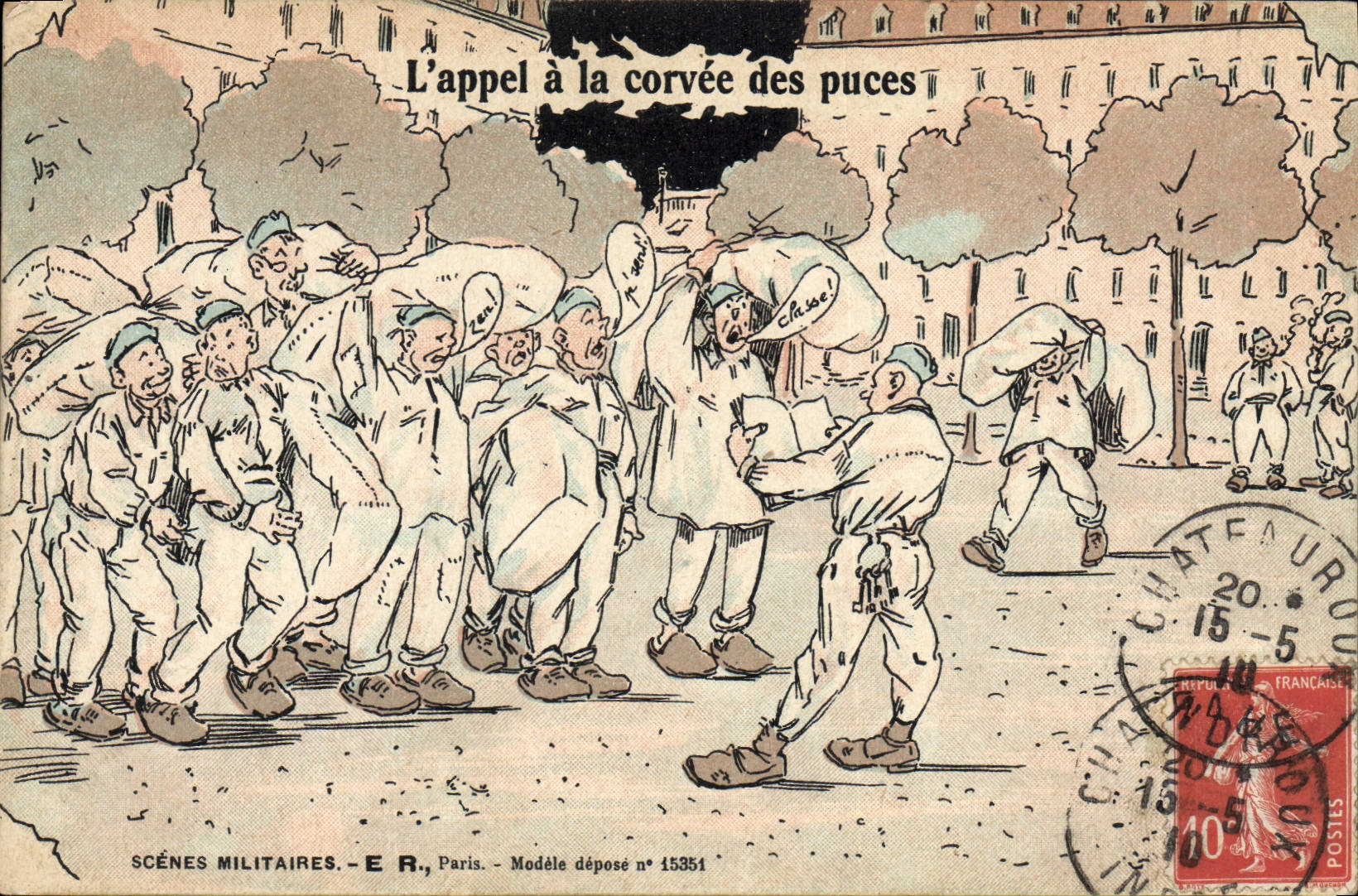 L'appel à la corvée des puces — Scènes Militaires — E.R., Paris, Modèle déposé n° 15351