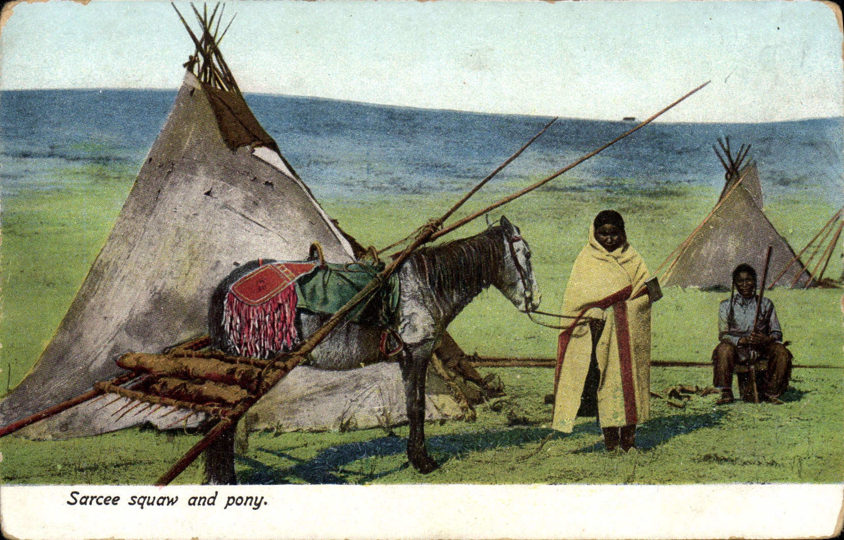 CPA Far West Cow Boy Sarcee squaw and pony Indiens