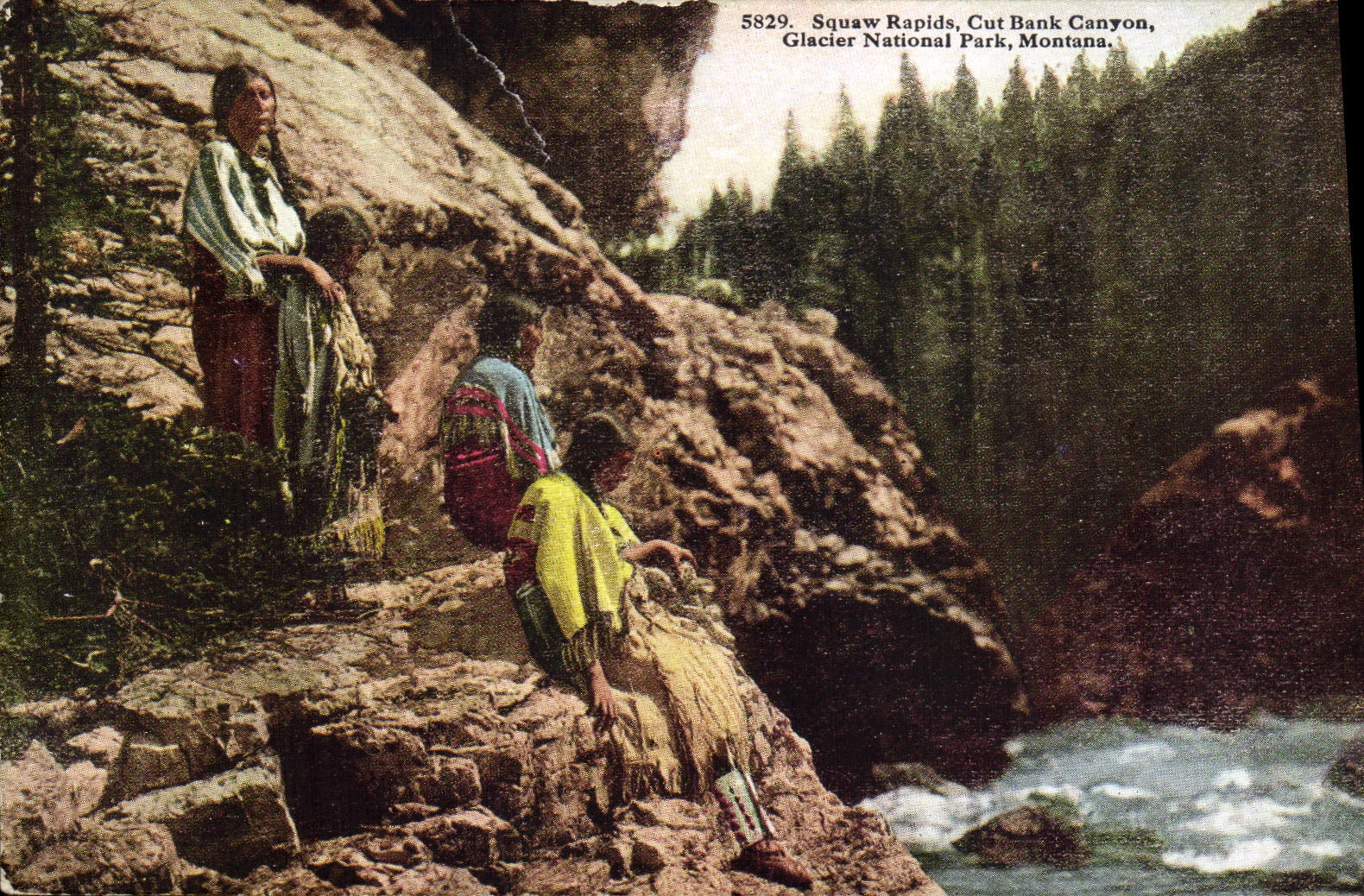 CPA Far West Cow Boy Squaw rapids Cut bank Canyon Glacier National Park Montana Indiens