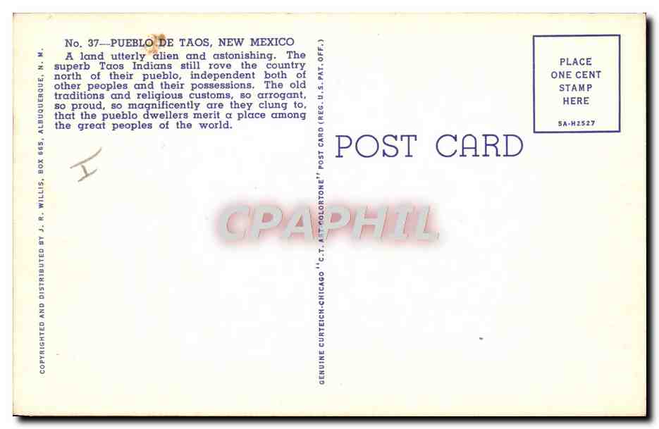 CPA Far West Cow Boy Pueblo de Taos New Mexico Indiens — Rückseite