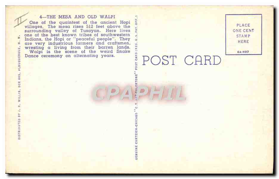 CPA Far West Cow Boy The Mesa and old Walpi — Rückseite