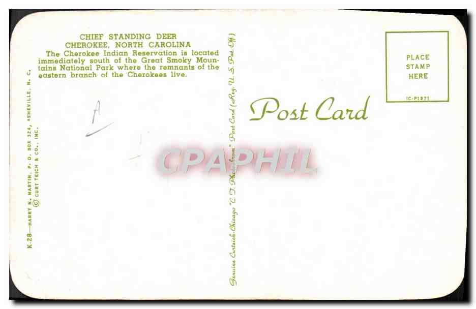 CPM Far West Cow Boy Chief standing deer Cherokee North Carolina  — Rückseite