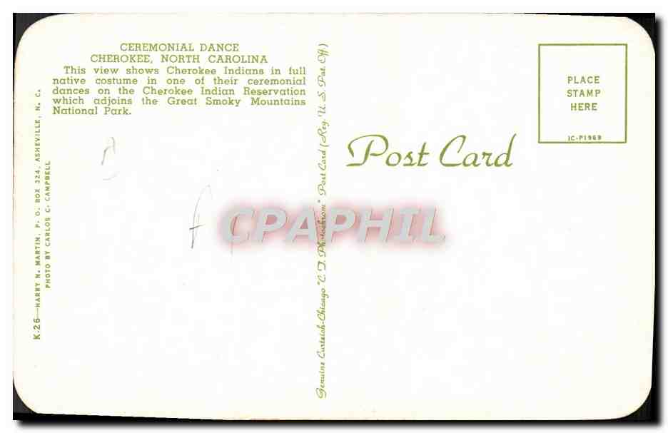 CPA Far West Cow Boy Ceremonial Dance Cherokee North Carolina — Rückseite
