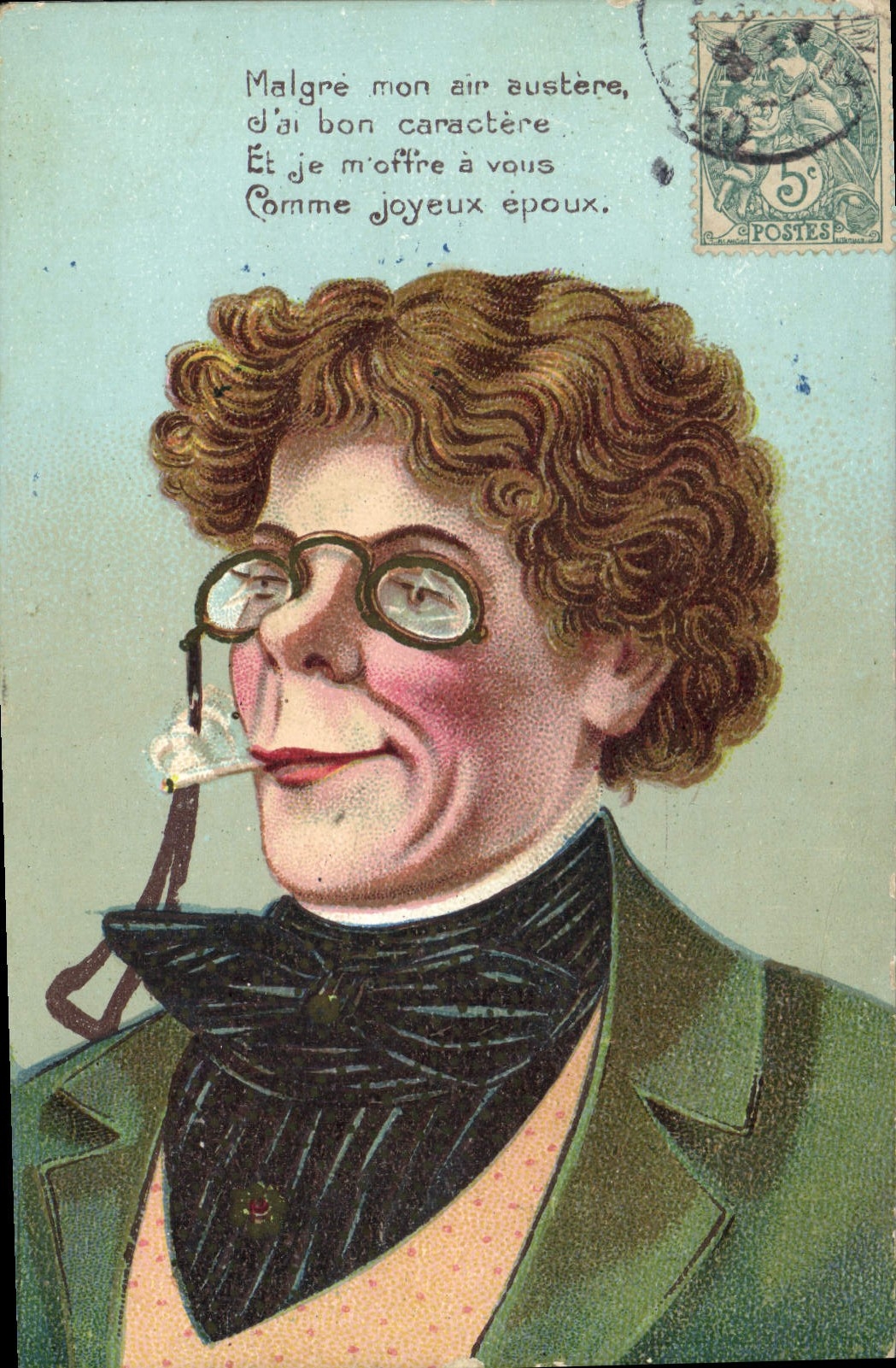 Portrait d'homme avec pipe — texte humoristique — éditeur inconnu
