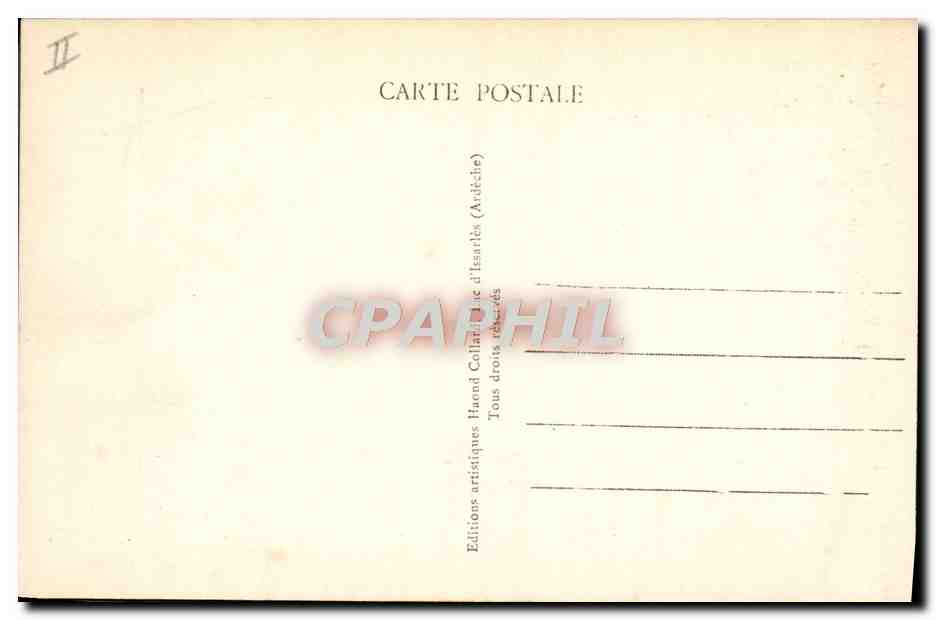 Lac d'Issarlès (Ardèche), alt. 1000 m. — La Maison du Garde au bord de l'eau et dans le fond la Colline du Toural — Éditions artistiques Haend Collard — Achterkant
