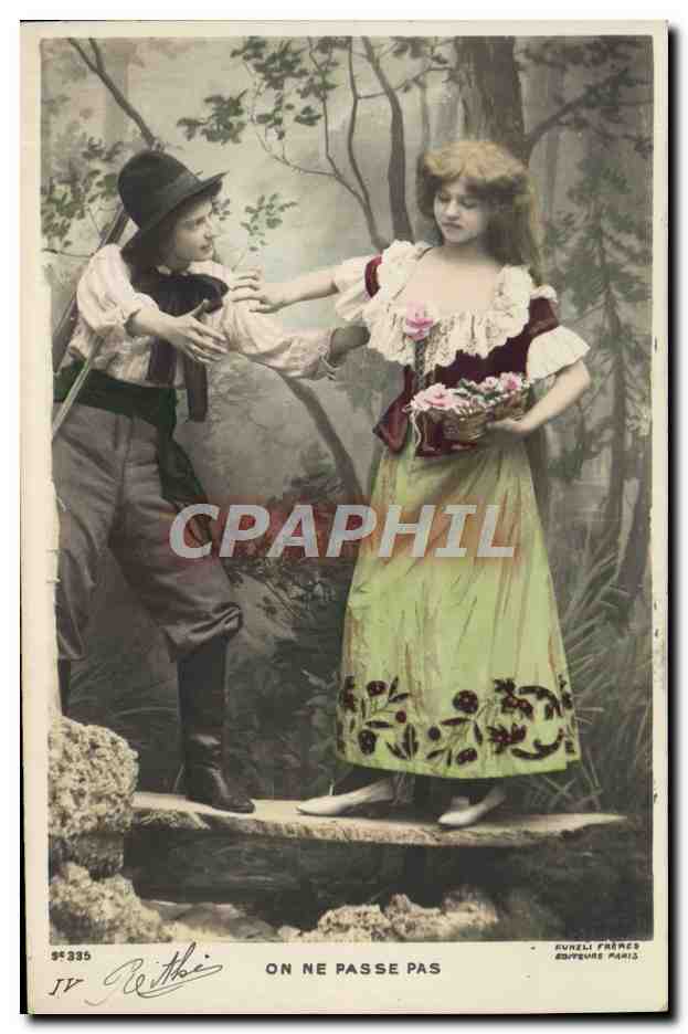 Jeune homme et jeune femme dans un bois — scène de refus — Éditeur: Furelli Frères, Paris, n° 97335