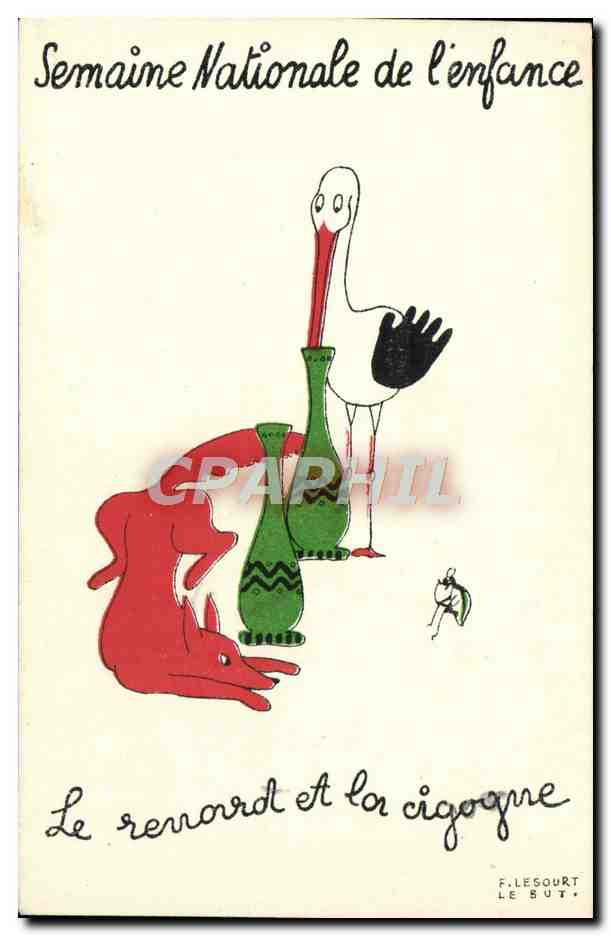 CPA Fantaisie Illustrateur Le Sourt Semaine nationale de l'enfance Le renard et la cigogne 