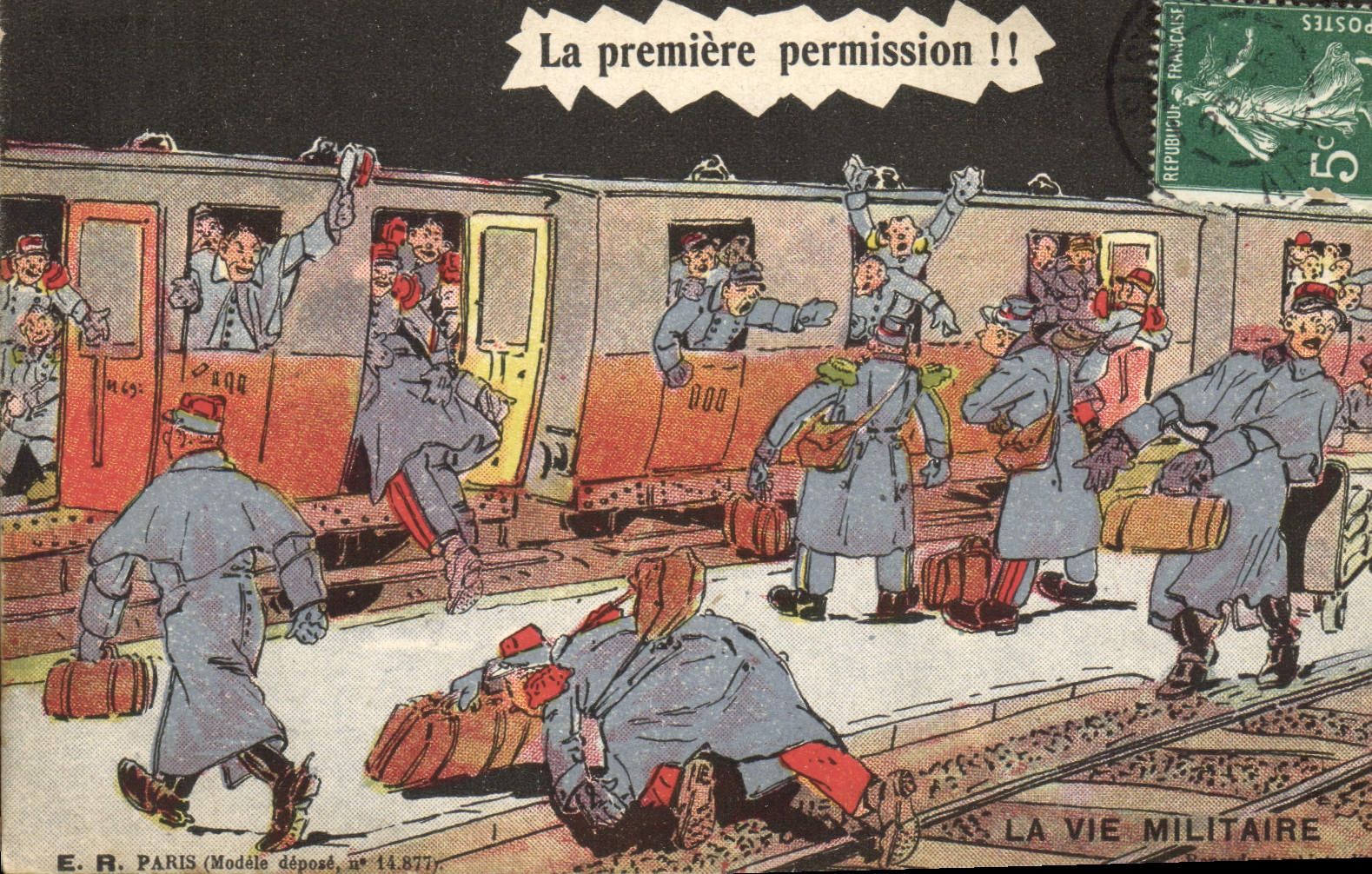 Soldats en permission — La première permission !! — E.R. PARIS (Modèle déposé, n° 14.877)