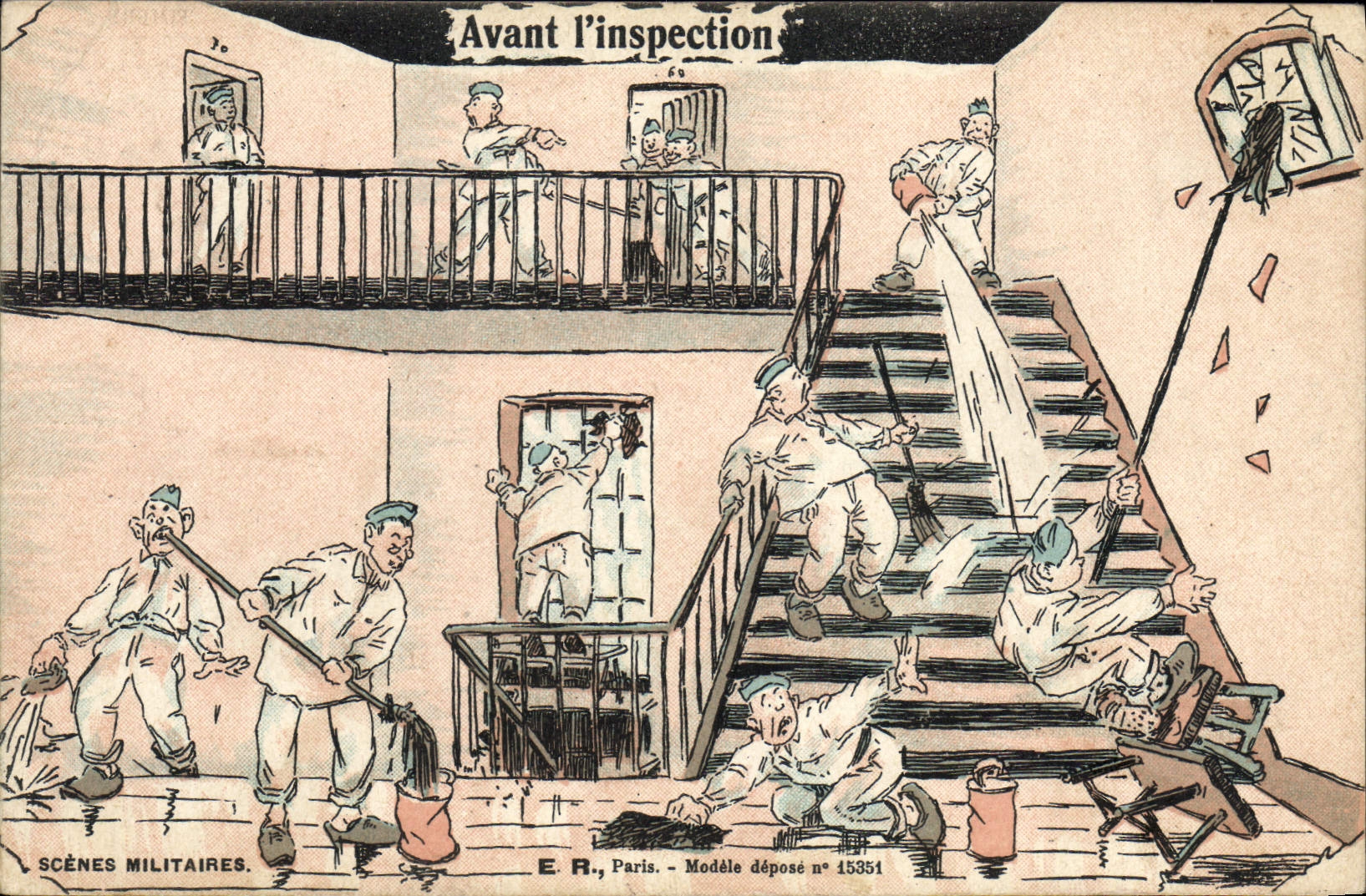 Scènes militaires — Avant l'inspection — E.R., Paris, Modèle déposé n° 15551