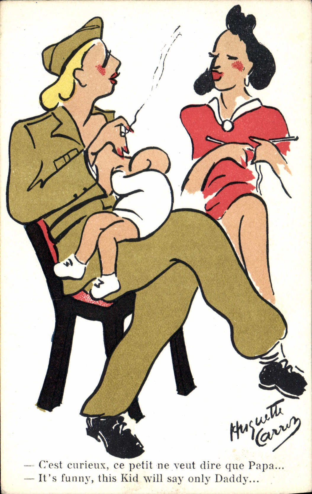 Soldat et femme avec bébé — caricature humoristique — Huguette Carruz