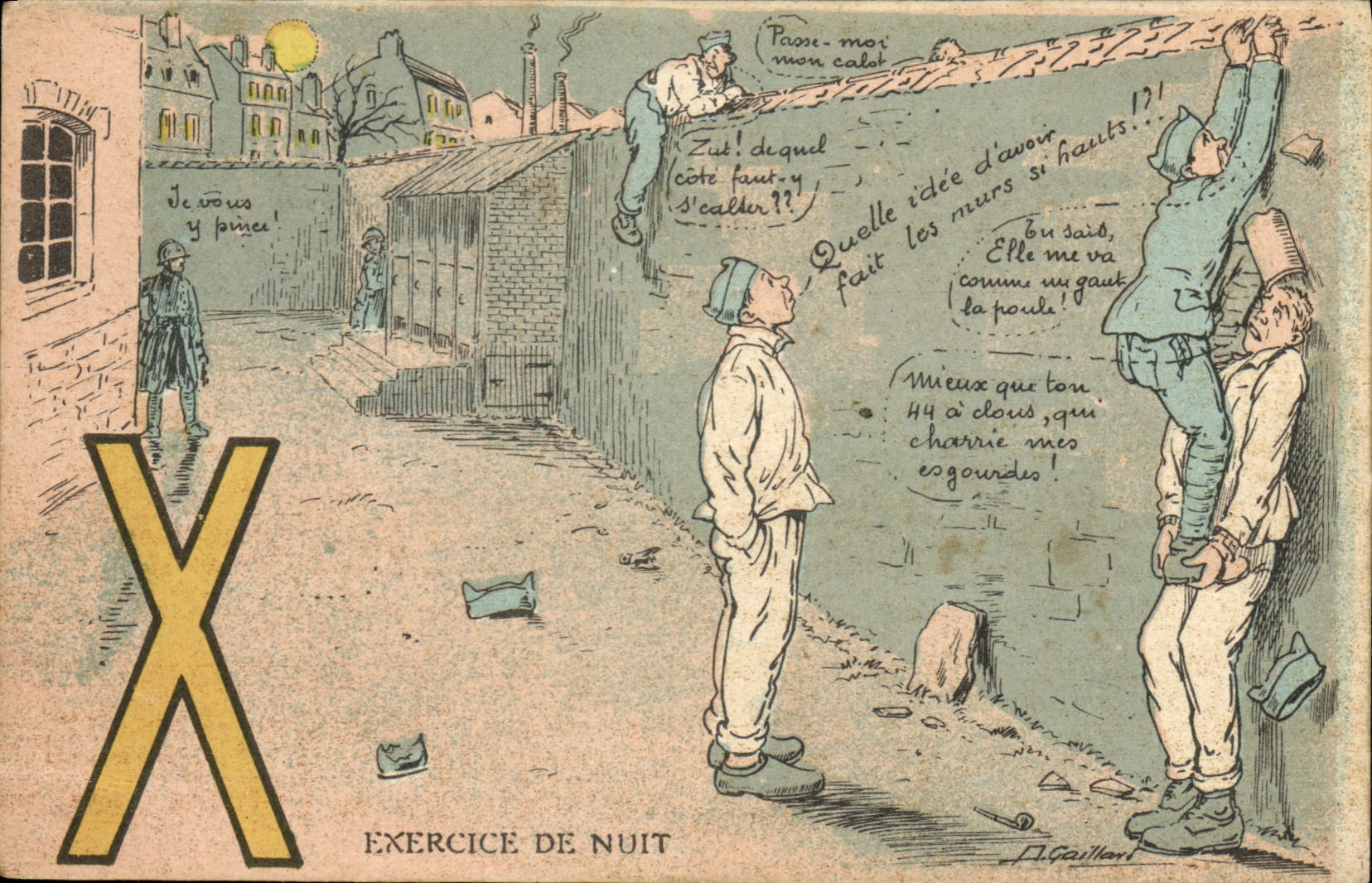 Exercice de nuit — caricature de soldats grimpant sur un mur — A. Gaillot