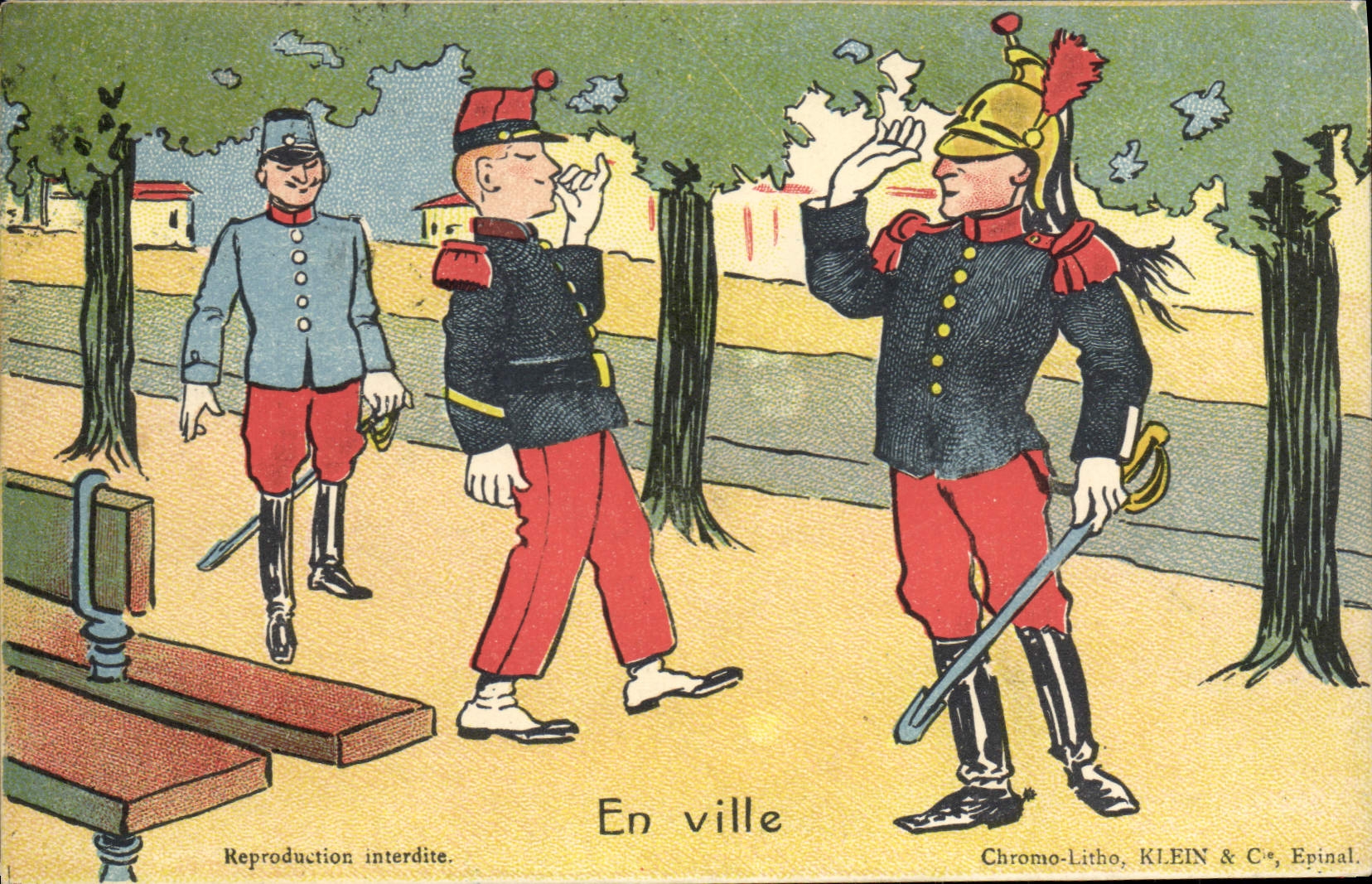 Soldats en ville — En ville — Chromo-Litho, KLEIN & Cie, Epinal
