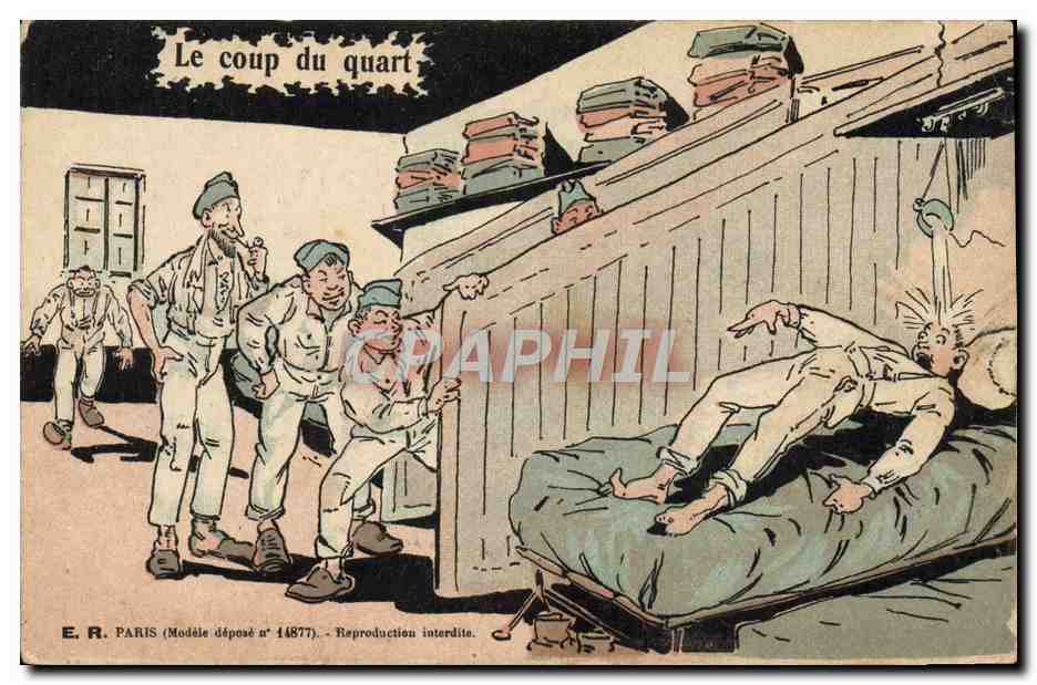 Soldats en chambrée — Le coup du quart — E. R. PARIS (Modèle déposé n° 14877)