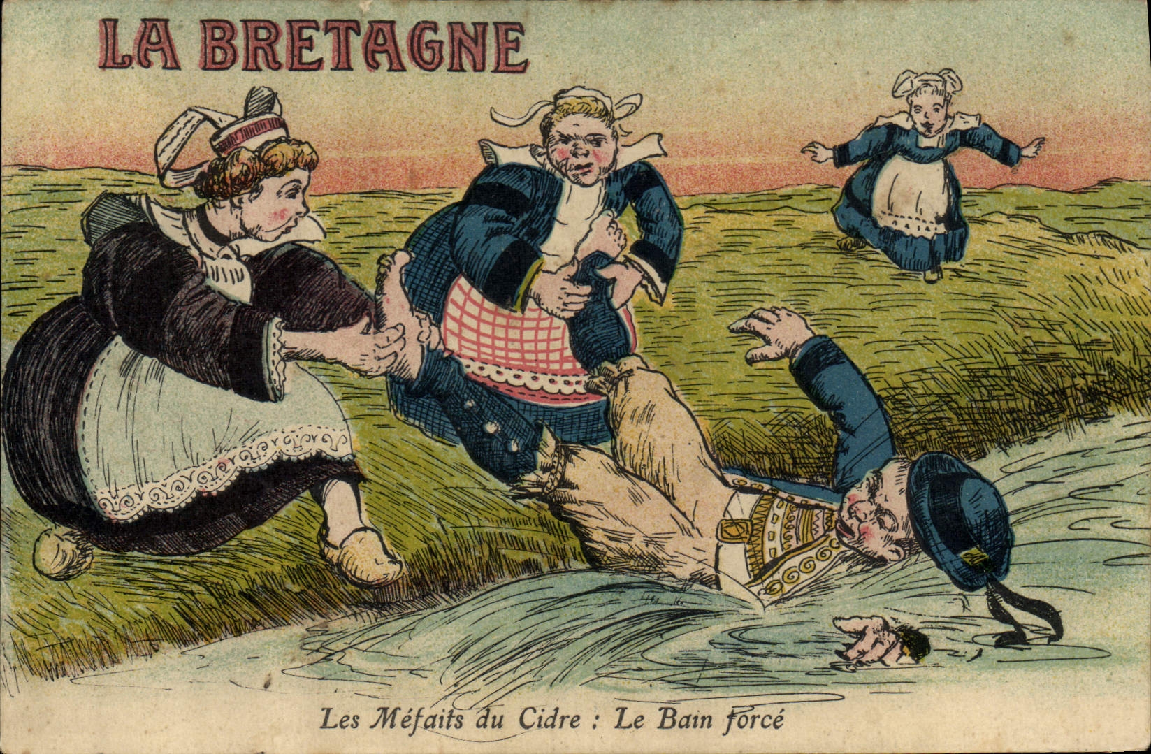 CPA Bretagne Les mefaits du cifre Le bain force Folklore