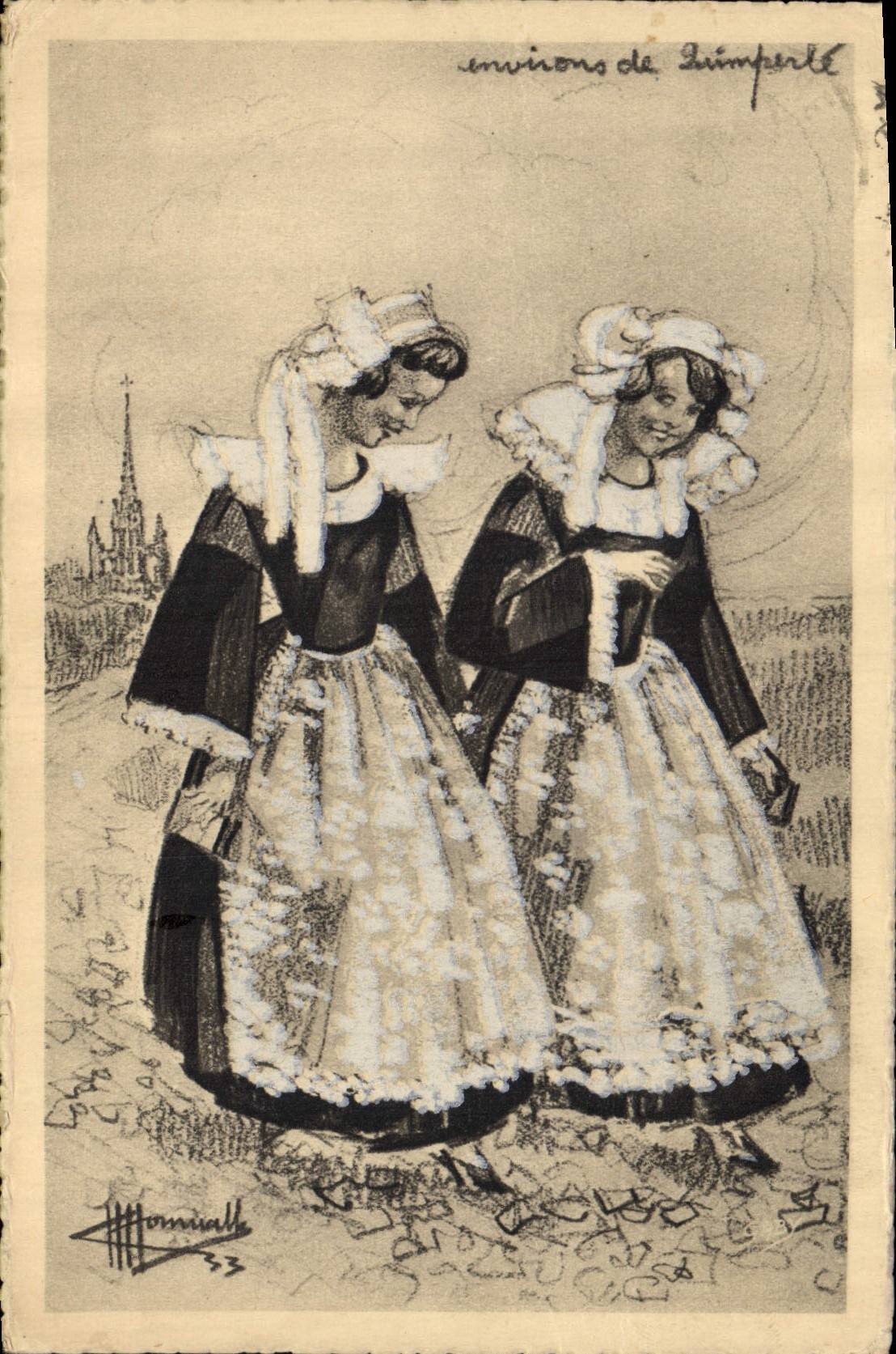 Deux jeunes filles en costume traditionnel — environs de Quimperlé — dessins de Charles Homualk, n°3