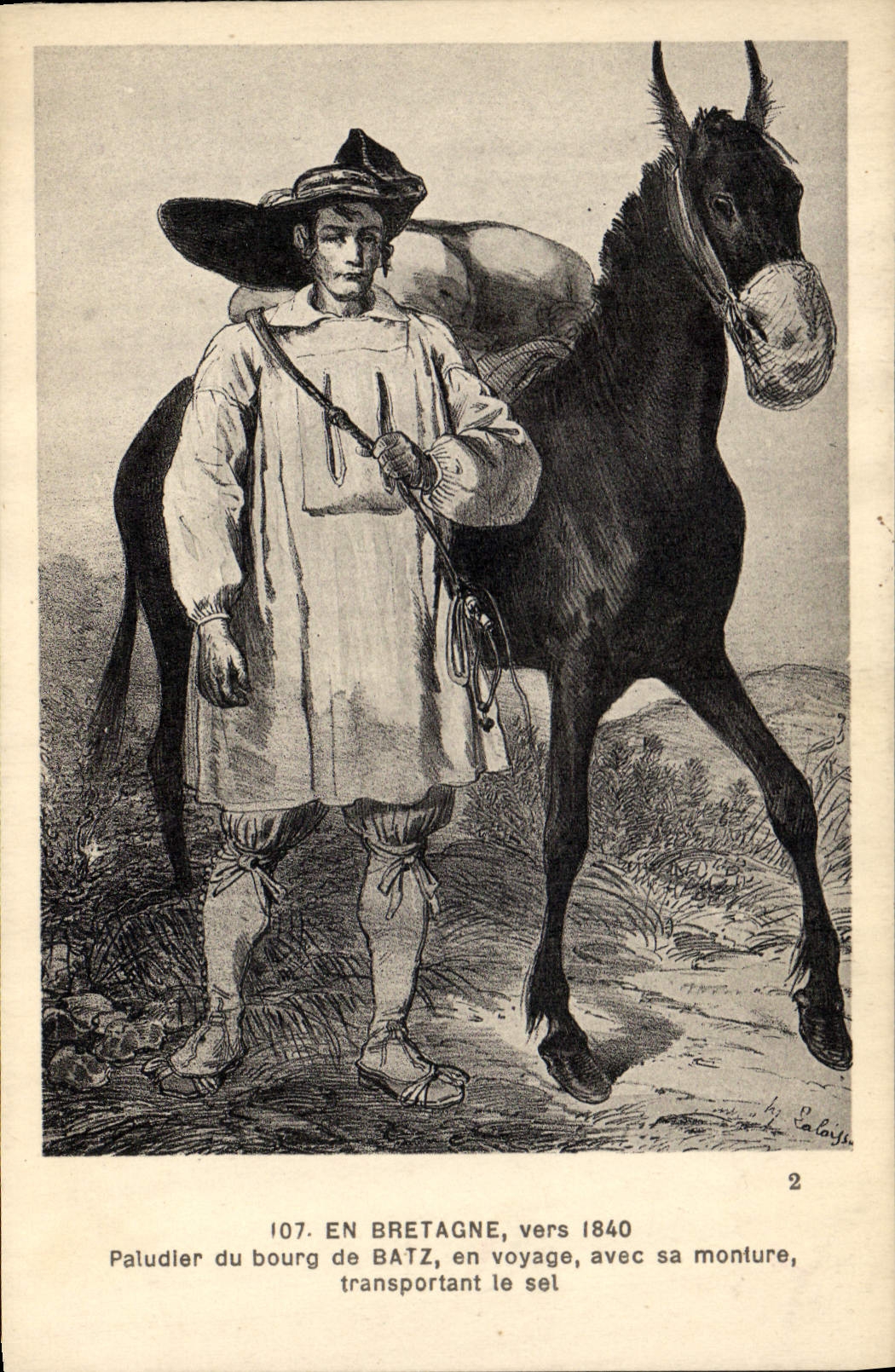 CPA Bretagne vers 1840 Paludier du Bourg de Batz transportant le seul