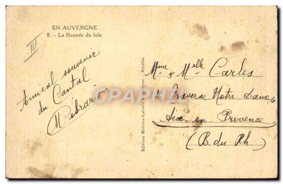 CPA Auvergne La rentree du foin — Rückseite