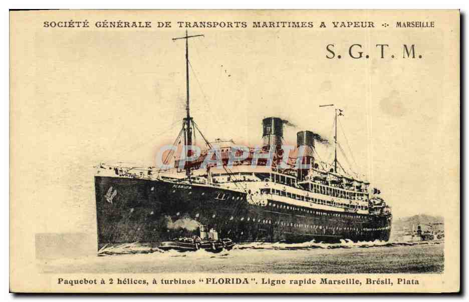 CPA Bateau Paquebot SGTM Florida Ligne rapide Marseille Bresil Plata