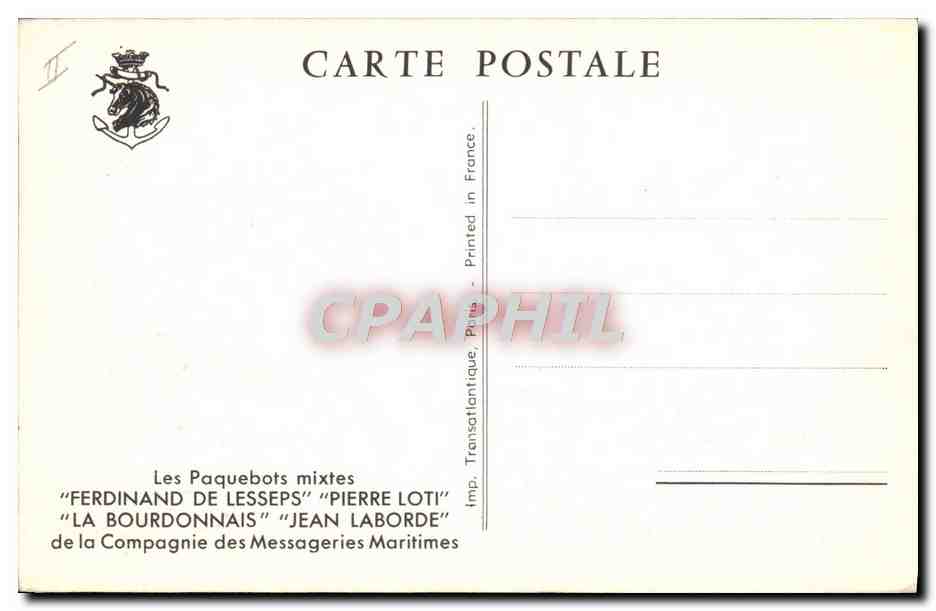 Paquebot "Ferdinand de Lesseps" — "Pierre Loti" — "La Bourdonnais" — "Jean Laborde" — Compagnie des Messageries Maritimes, Paris — Verso