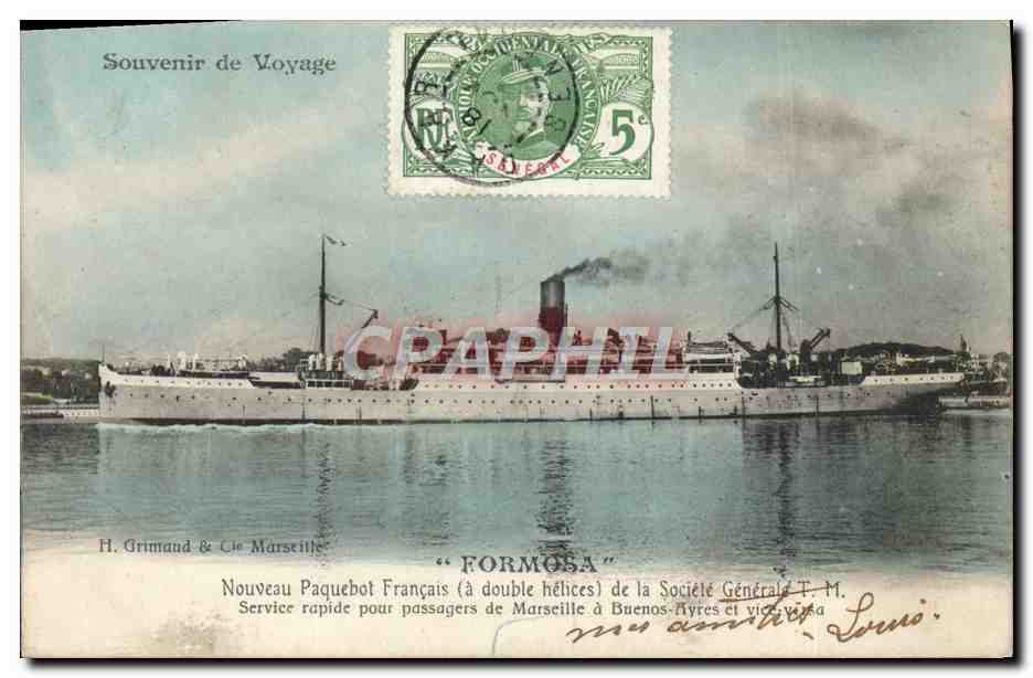 Paquebot Formosa — Nouveau Paquebot Français à double hélices — H. Grimaud & Cie Marseille