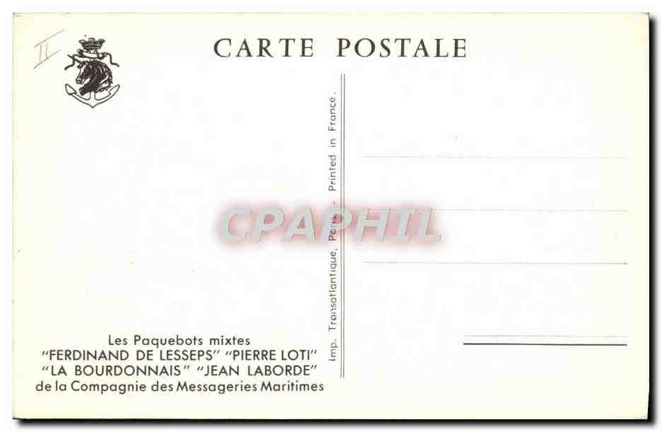 Navire de la Compagnie des Messageries Maritimes — 'Ferdinand de Lesseps' et 'Jean Laborde' — Imp. Transatlantique, France — Verso