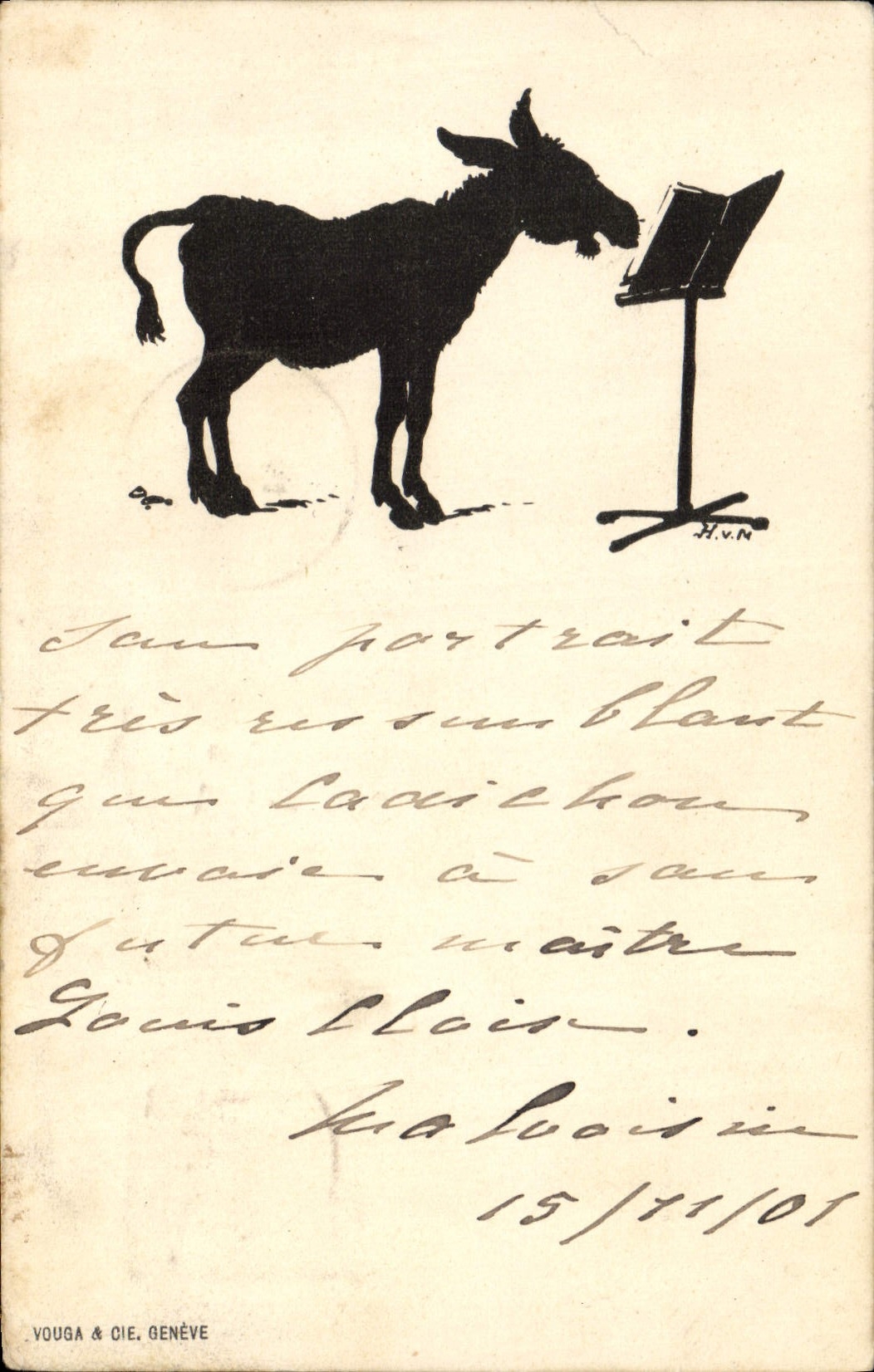 Âne chantant — illustration noire — Vouga & Cie, Genève