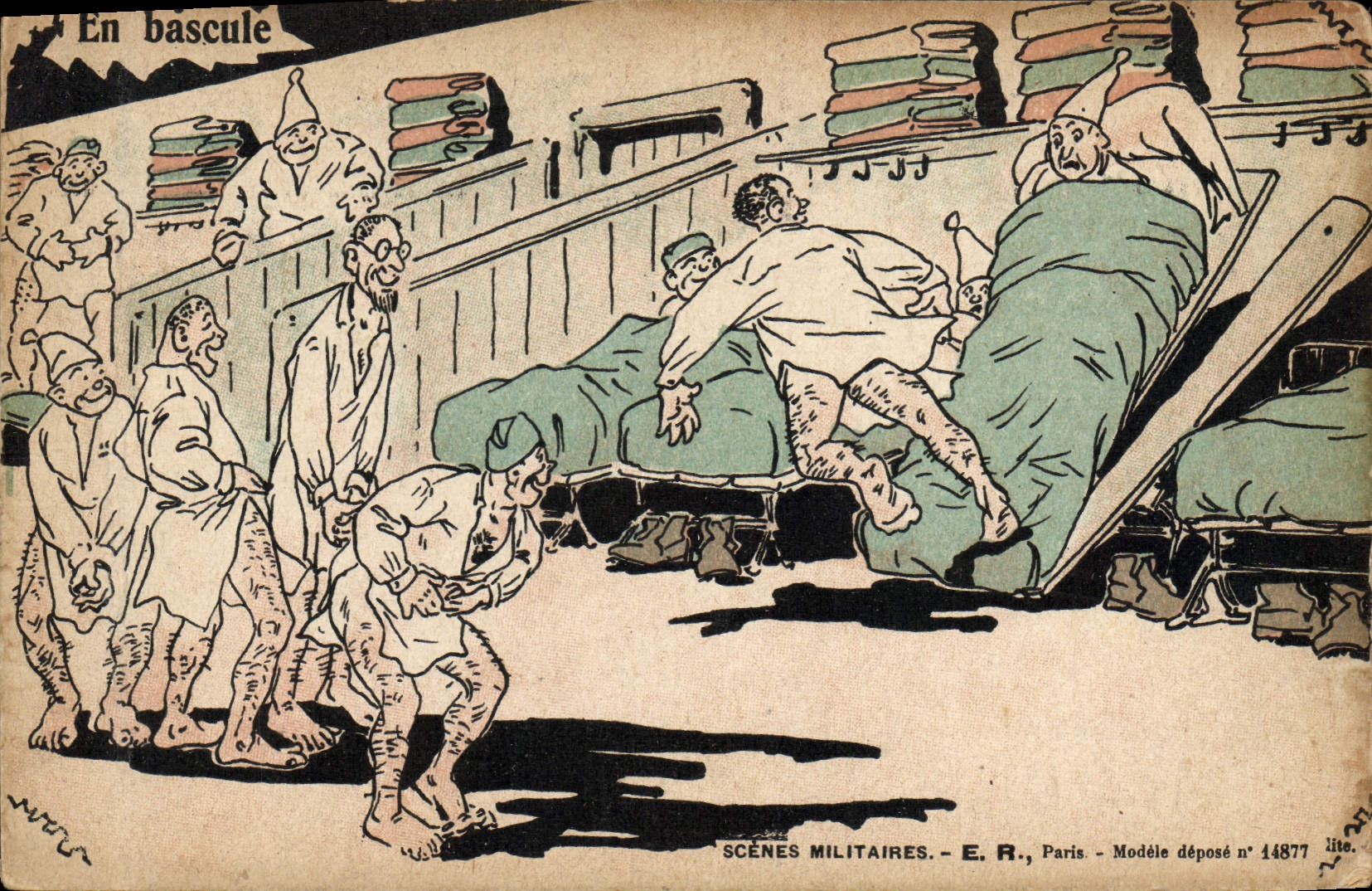 Scènes militaires — En bascule — E. R., Paris, Modèle déposé n° 14877 - Anverso