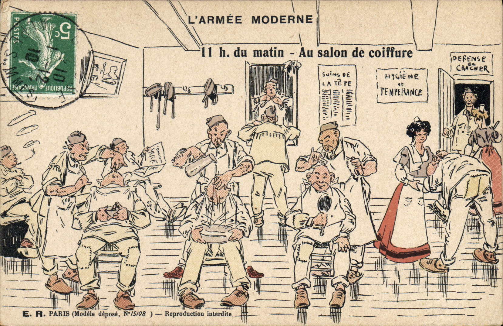 L'ARMÉE MODERNE — 11 h. du matin - Au salon de coiffure — E. R. PARIS (Modèle déposé, N°15108)