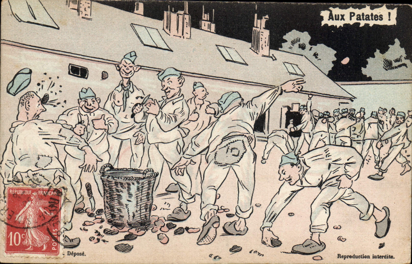 Soldats en train de jeter des pommes de terre — Aux Patates ! — Déposé. — Reproduction interdite.