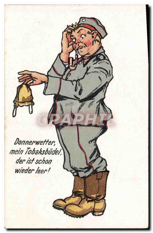 Soldat fumant une pipe — carte postale humoristique allemande — éditeur non visible - Recto