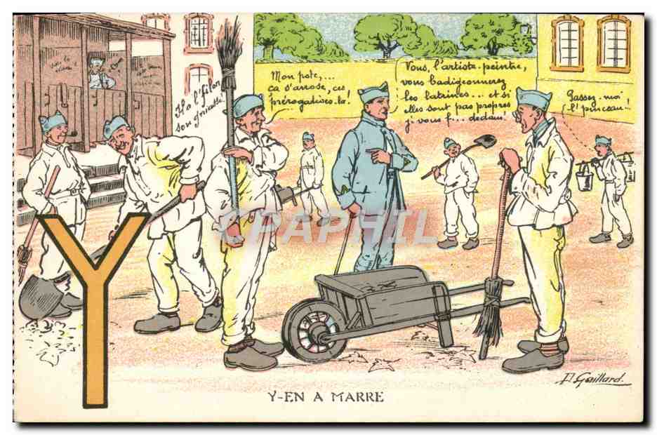 Y-en-a-Marre — Scène de soldats en uniforme blanc et bleu — F. Gaillard