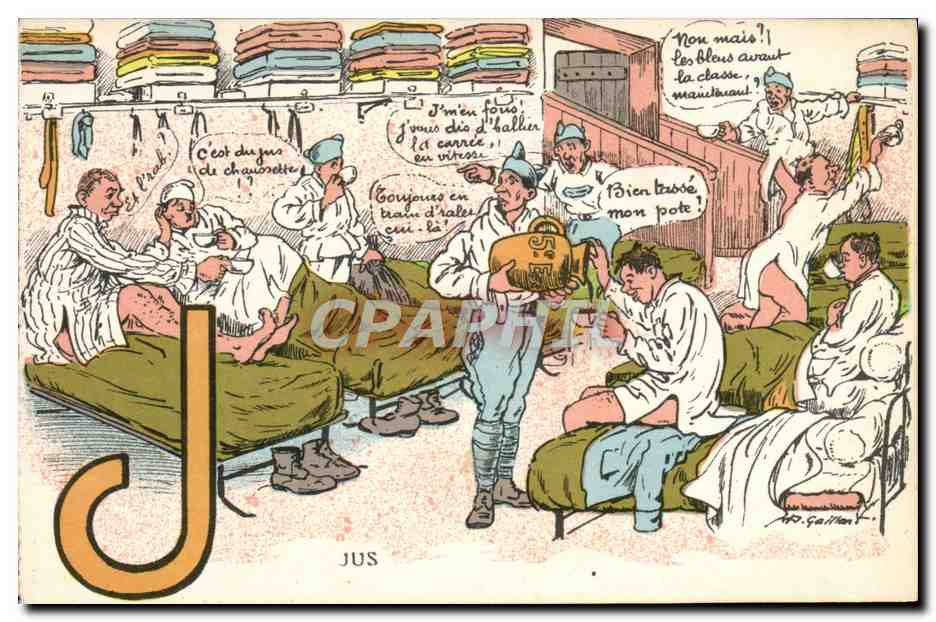 Soldats en chambre d'hôpital — caricature humoristique — J. Gaillot, n° 9019