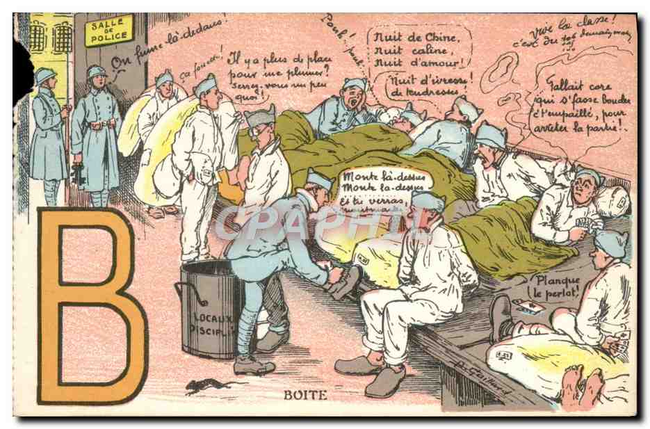 Salle de police — scène de nuit avec soldats — éditeur D.D. 9019