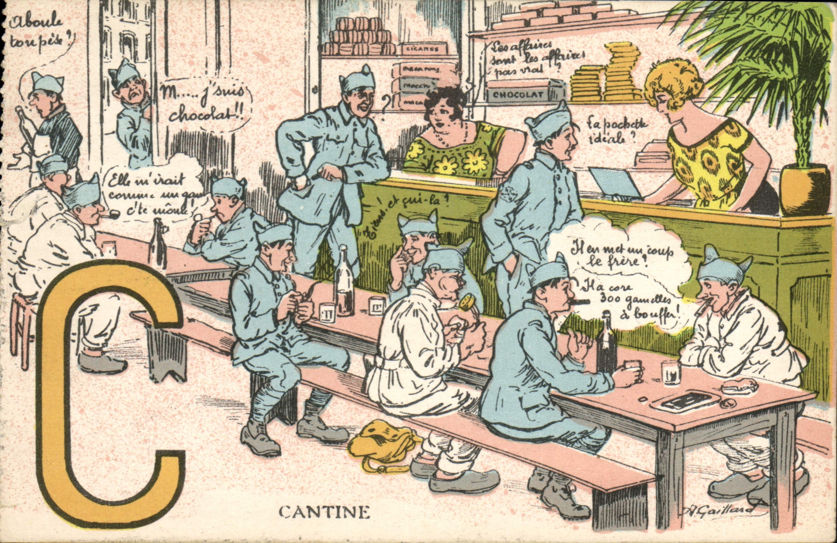 Cantine — scène de soldats en uniforme bleu — éditeur D. D. 9019