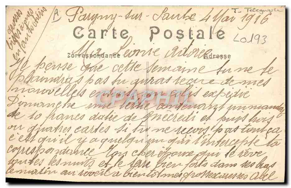 Laheyecourt — Hotel de Ville — Telefonisten die de lijnen repareren — A. Humbert, fot.-edit., Saint-Dizier — Achterkant